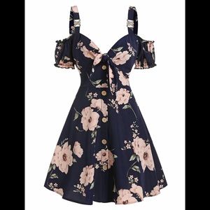 Floral Print Bowknot Cold Shoulder Dress
